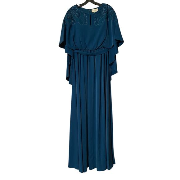 Sachin & Babi Size 4 NWT Moroccan Blue Crepe Embroidered Wren Cape Maxi Gown - Picture 5 of 11